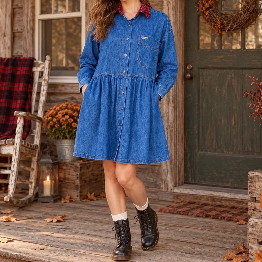 VTG 80s GUESS Georges Marciano Denim Dress Size Medium Plaid Collar Grunge USA